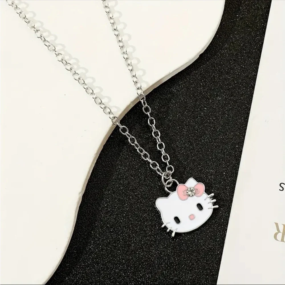 White Hello Kitty with Pink Bow Silver Necklace